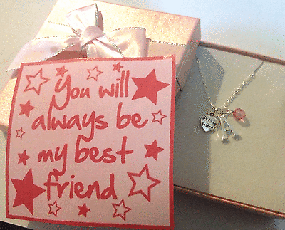 Best Friend pendant necklace with initial and crystal in gift