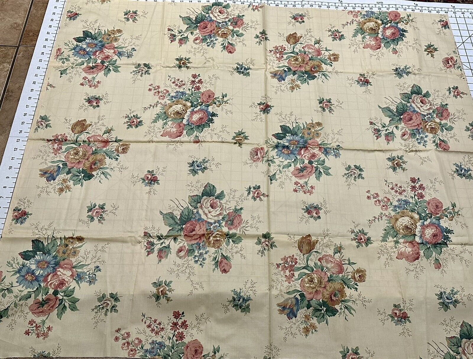 Vintage Joan Kessler Concord Tan Pink Floral Cotton Chintz Fabric 39”L  X  44”W
