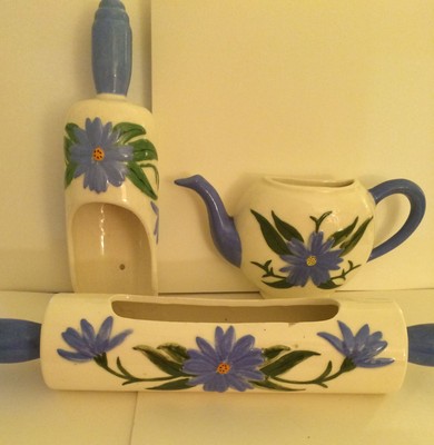 Vintage Ivory/Blue Flowers Ceramic Wall Pockets (2) ...