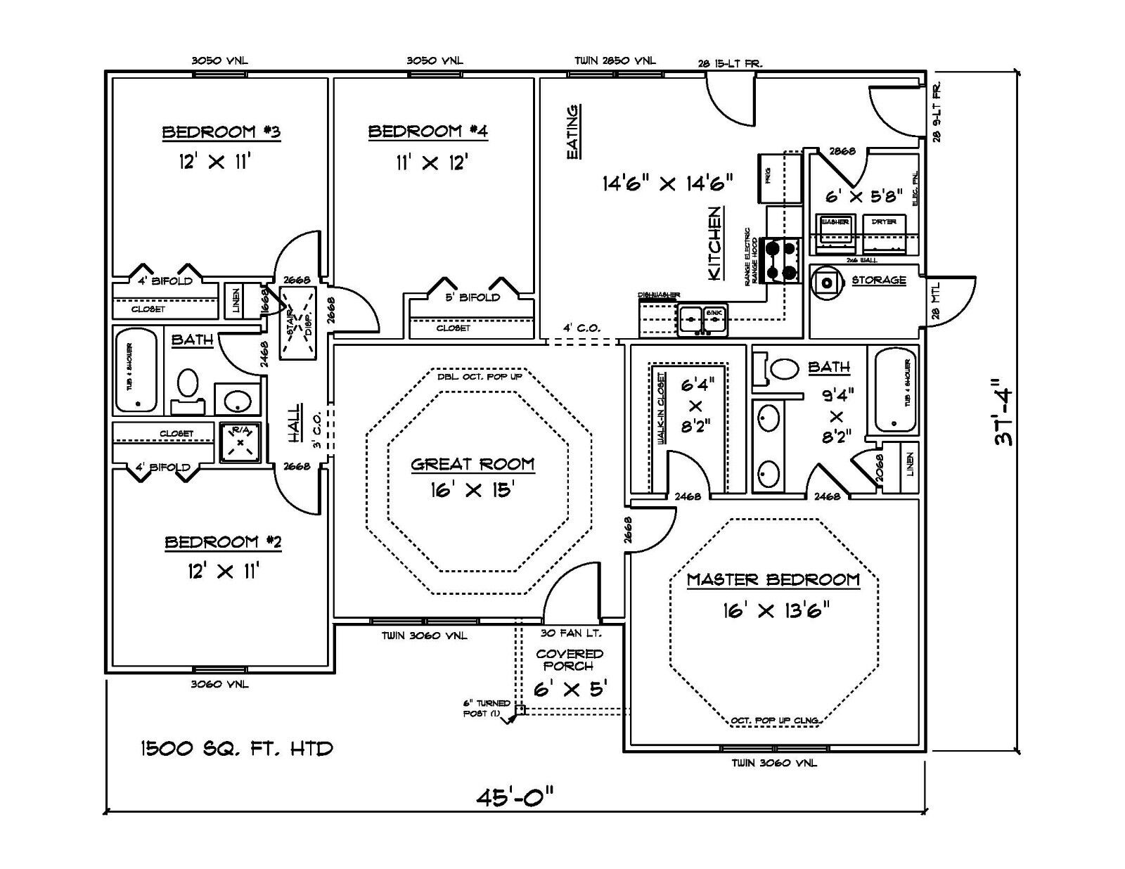 House Plans for 1500 Sq. Ft. 4 Bedroom House