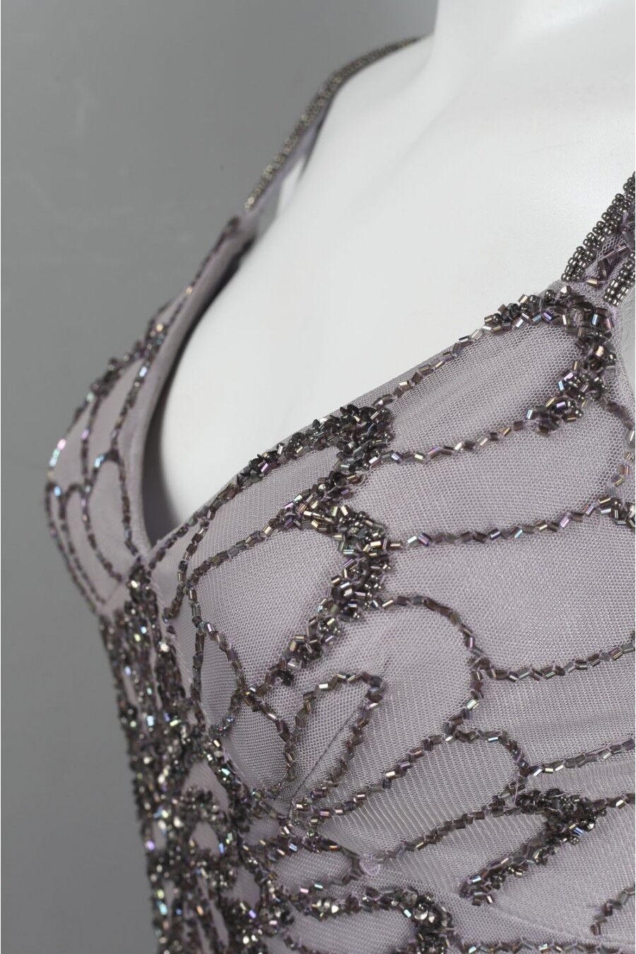 Pre-owned Adrianna Papell Heather Grey Beaded Backless Mesh Art Deco Gown Size 10 $376 In Gray