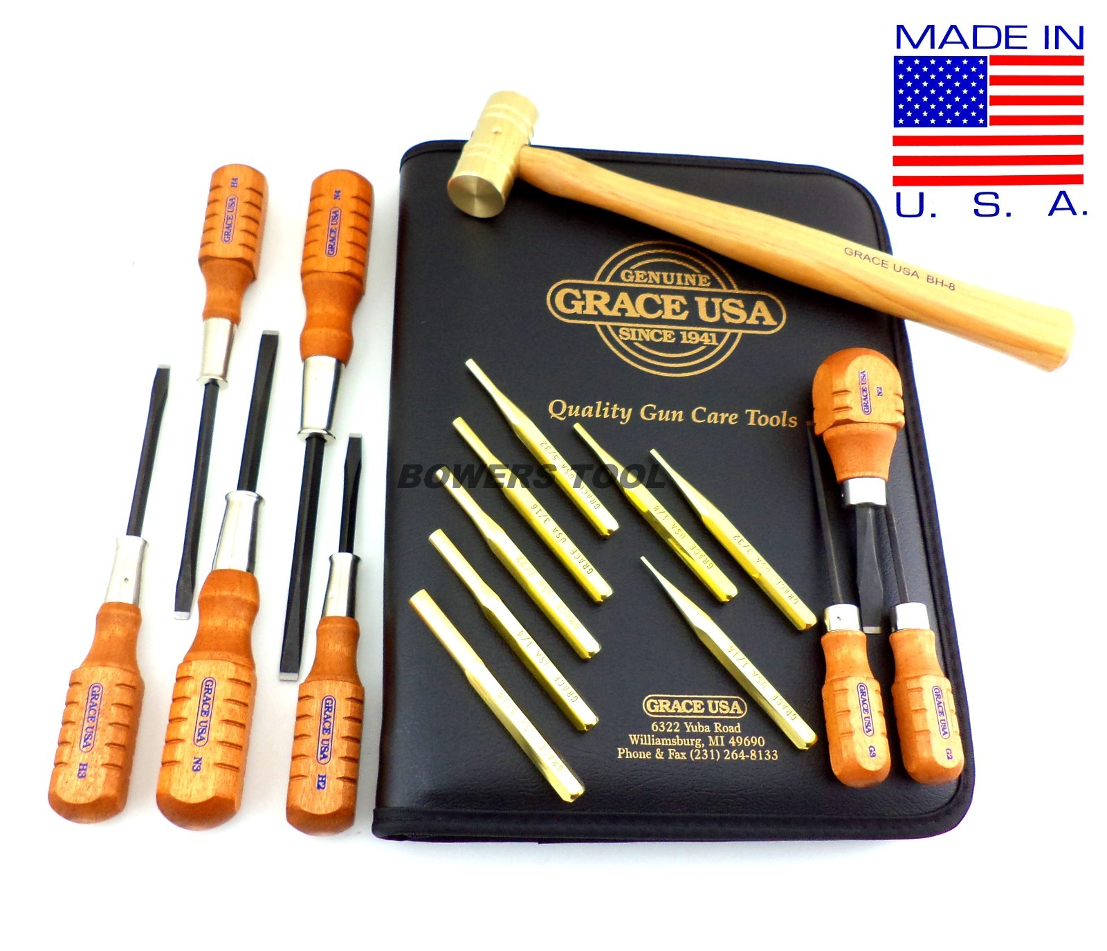 Grace USA 17pc Gunsmith Set Screwdrivers Brass Punches & Hammer Gun