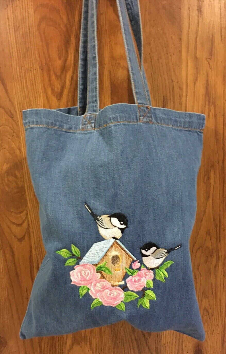 Large Embroidered Chickadee Bird Rose Blue Denim Open Tote Book Shopping Bag