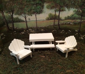WOOD PICNIC TABLE AND ADIRONDACK CHAIRS SET FOR WEE FOREST 