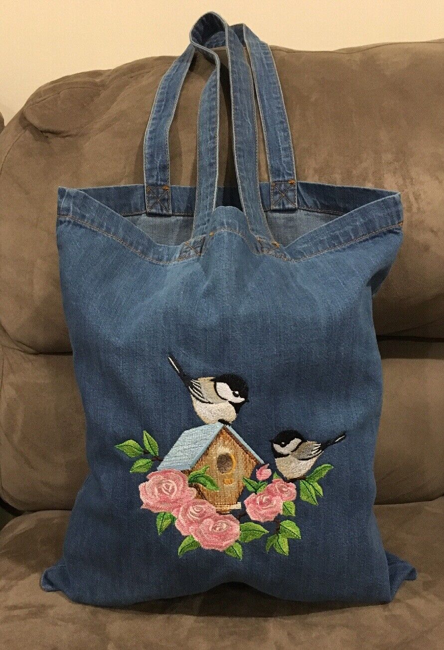 Large Embroidered Chickadee Bird Rose Blue Denim Open Tote Book Shopping Bag