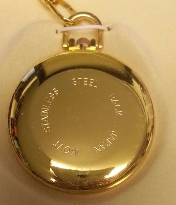 GOLD TONE OPEN-FACE POCKET WATCH.  SLEEK, MODERN GOLD TONE WATCH WITH CHAIN.