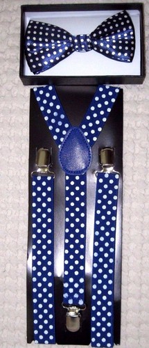 Navy-Blue-with-White-Polka-Dot-Adjustable-Bow-Tie-Y-Back-Suspenders-Combo-New