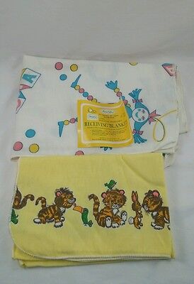 Vintage Sears Best 2 Receiving Blankets Baby White Yelllow Sailboat Tigers New