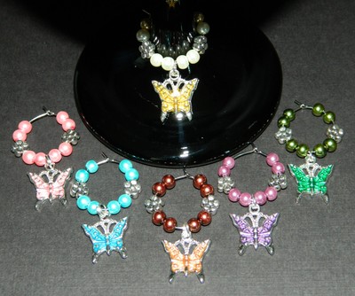 6 Multi-Color Glass Pearl Silver Butterfly Wine ...