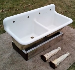 Antique-Original-Porcelain-Cast-Iron-Farm-Sink-DEEP-BOWLS-RARE-Made-in ...