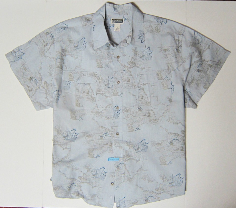 Hawaiian Aloha Camp Shirt Maps Sailing Ships Size3X  Light Blue Route 66 