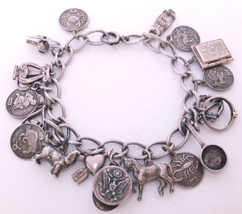 LOADED OLD VINTAGE STERLING SILVER CHARM BRACELET ZODIAC LOCKET RING ...