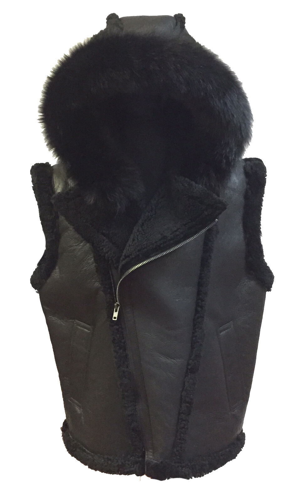 Pre-owned Jakewood Men's Winter Spring Sheepskin Vest & Natural Fur Hood,l In Black