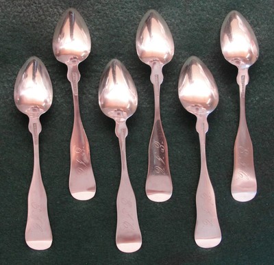 Coin Silver James Watts, Philadelphia Set of 6 Teaspoons ca 1860 McLinn Family