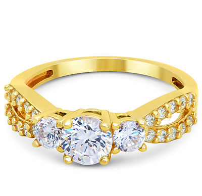 Pre-owned White Star Jewels 14k Solid Yellow Gold Cz Cubic Zirconia Three Stone Engagement Ring In White/colorless