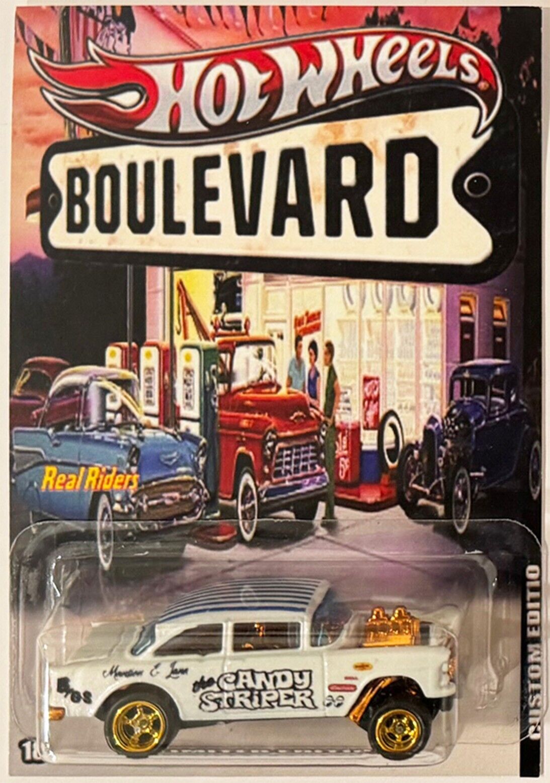 '55 Gasser Candy Striper Boulevard Series Custom Hot Wheels Car w/ Real Riders