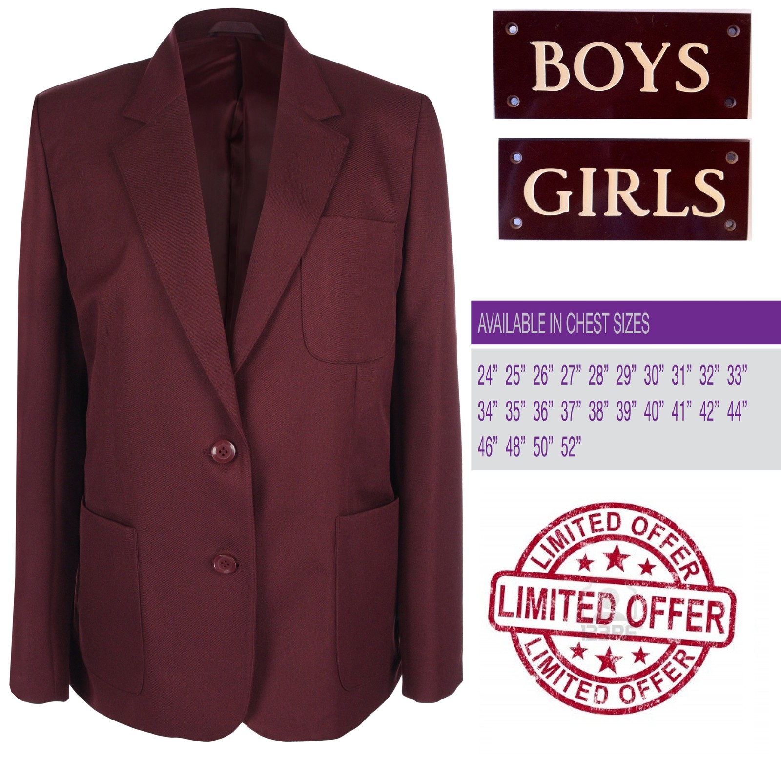 Kempsey Maroon Burgundy School Blazer Girls Boys Sizes 24 25 26 27 28