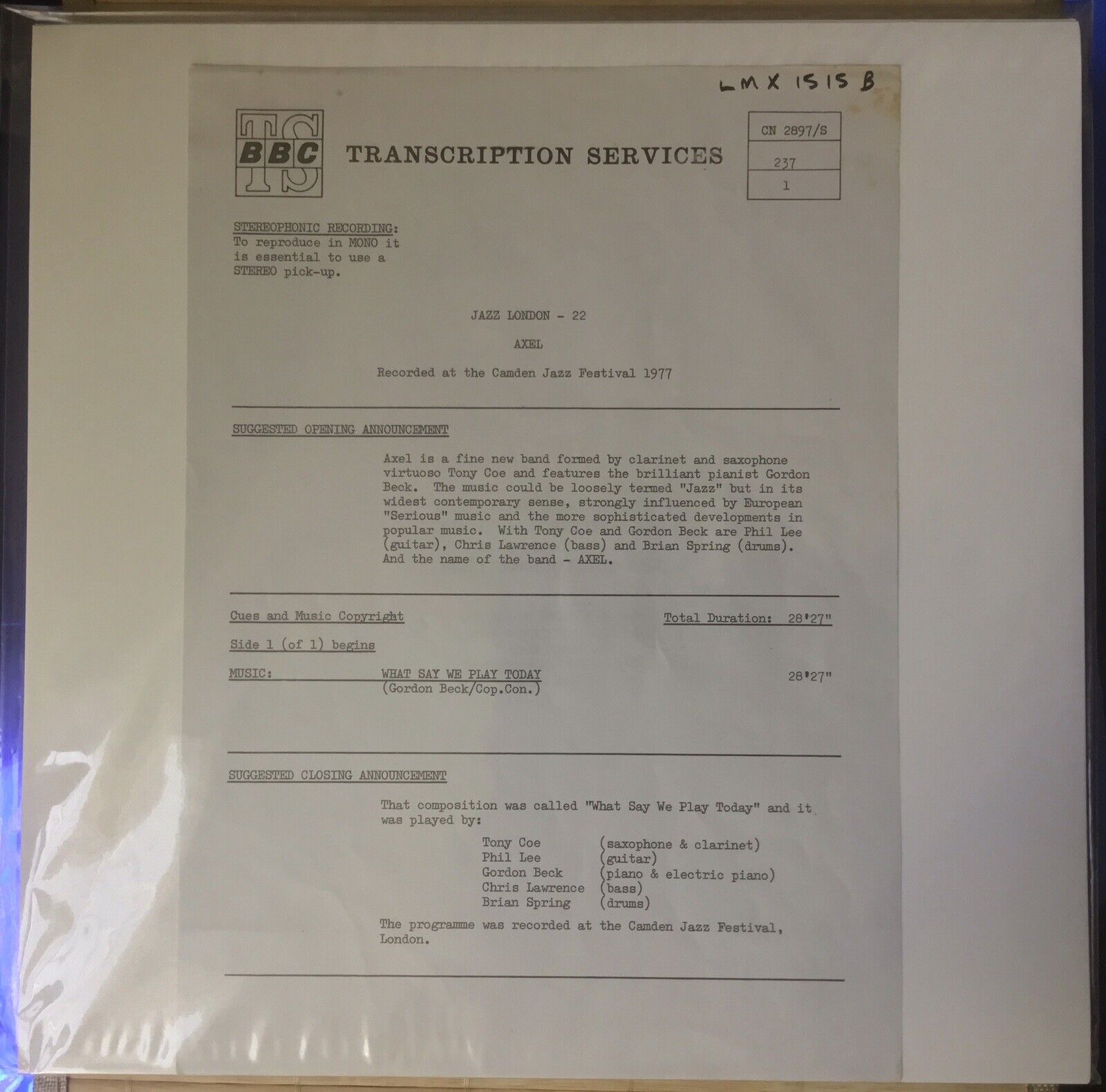 AXEL (TONY COE, GORDON BECK) & CLARK TERRY- 1977 BBC TRANSCRIPTION DISCS - 2 LP