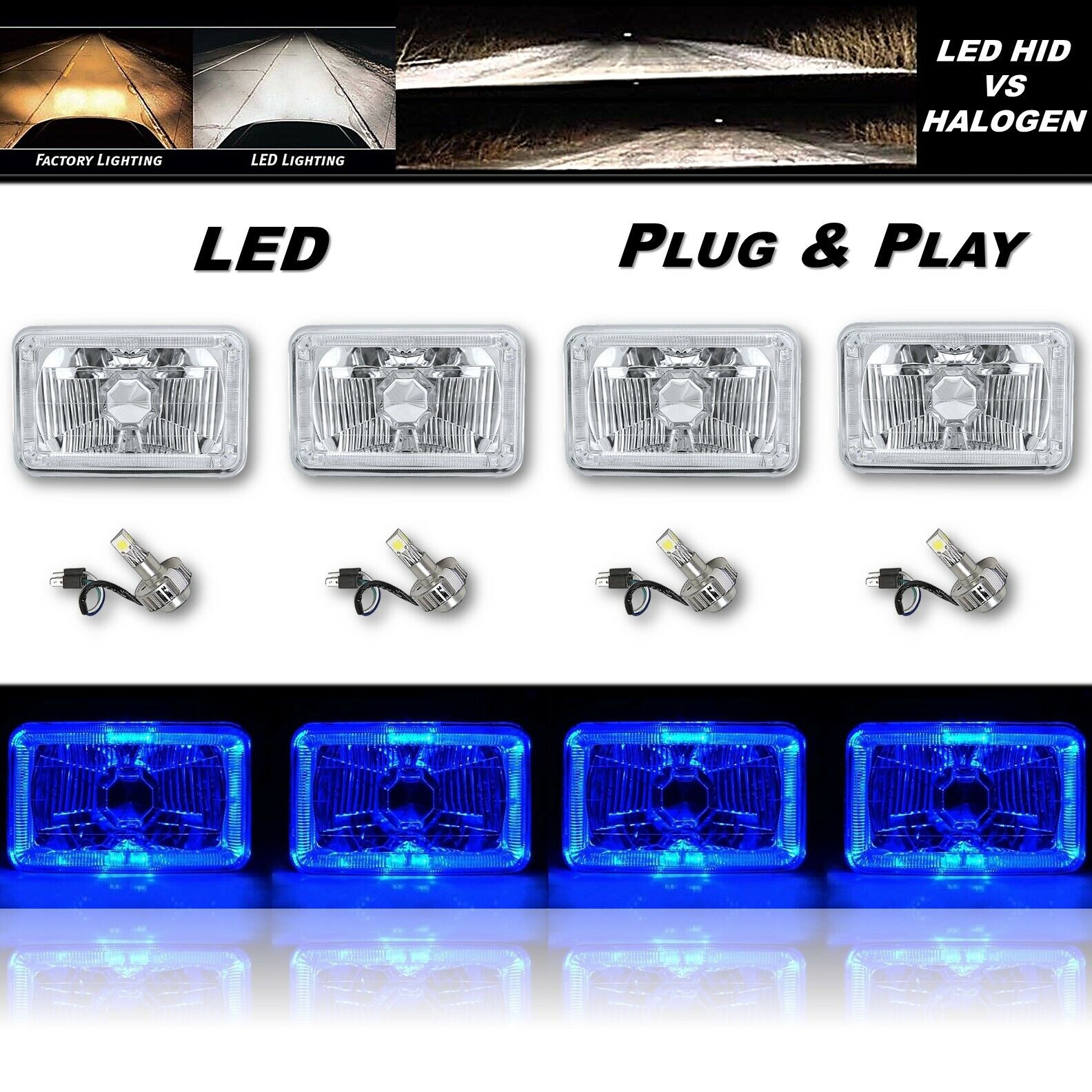 4X6" Blue LED Halo Angel Eye Crystal Clear Headlight w/ 6K LED Light Bulb Set