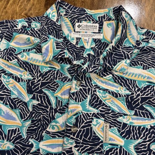 Columbia Camp Shirt Men’s 2XL Fish Print Multicolor Linen Flax Rayon Blend
