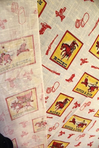 Vtg Fabric Mid-Century Western Americana Rodeo Cowboys 44x72 2 Yards Unused