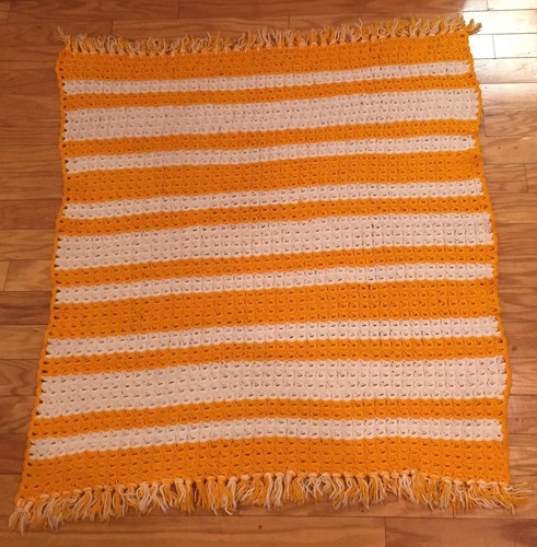 Yellow Gold White Crocheted Throw Blanket Striped Fringed 41â€ x 53 ...