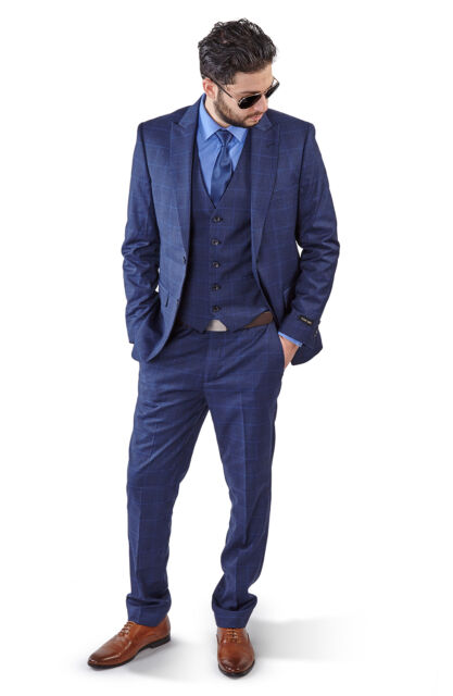 Slim Fit Men Suit Blue 2 Button Checkered Windowpane Plaid Vest