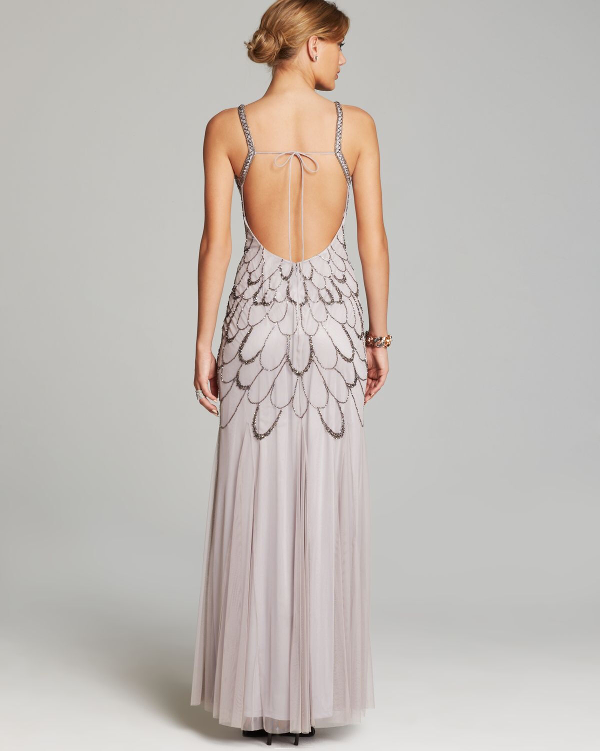 Pre-owned Adrianna Papell Heather Grey Beaded Backless Mesh Art Deco Gown Size 10 $376 In Gray
