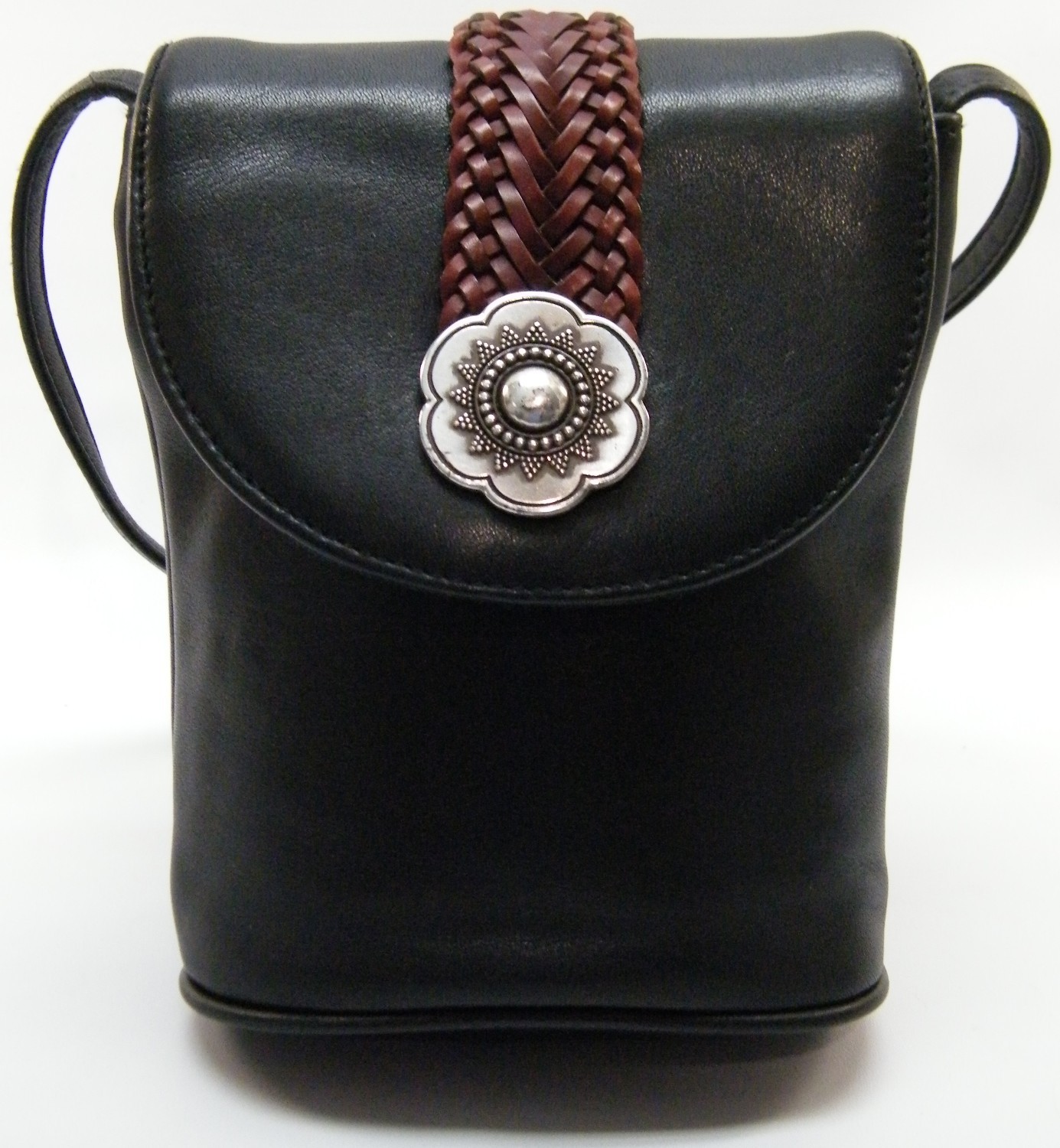 BRIGHTON ONE WORLD CROSSBODY SMALL BLACK LEATHER BRAID FLOWER PURSE BAG HANDBAG | eBay