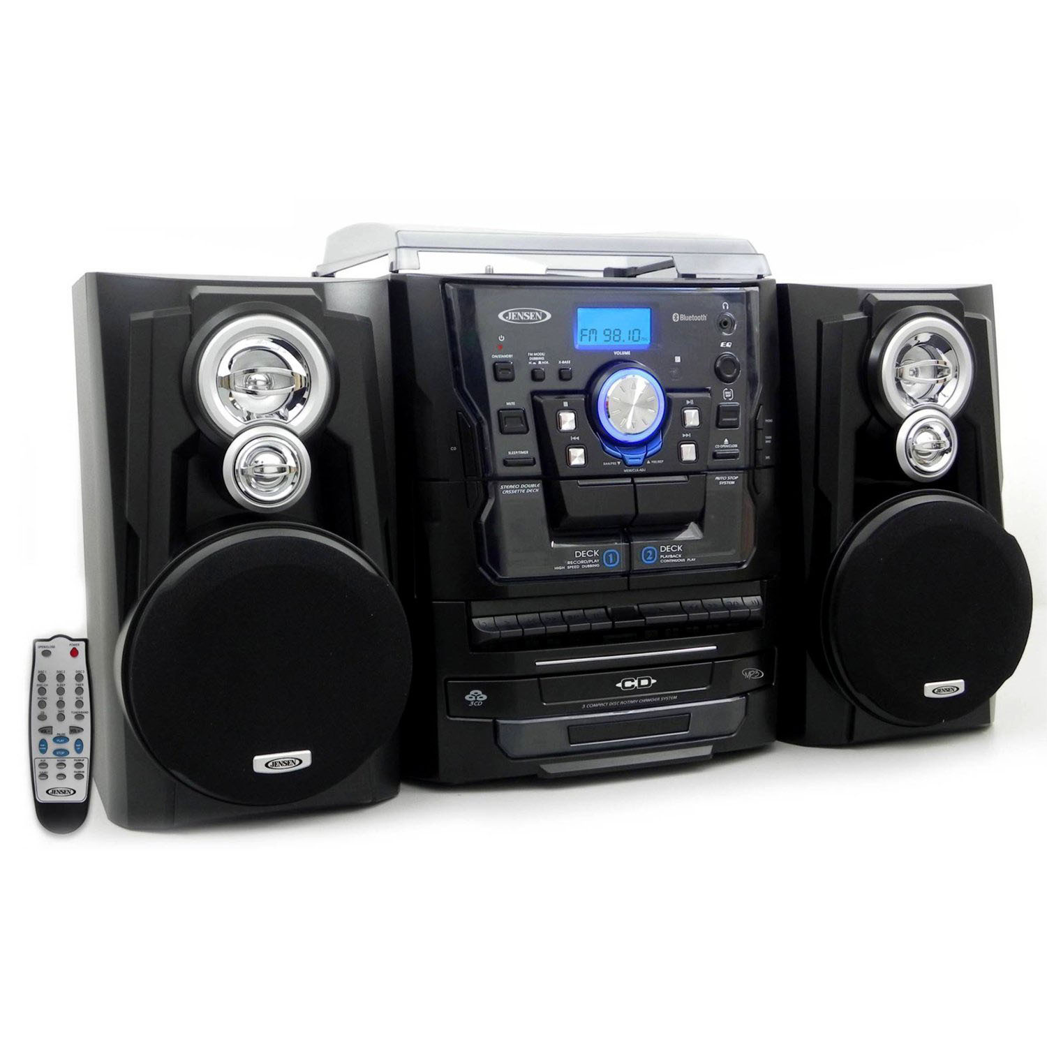 Jensen Shelf Stereo System with Turntable, 3 CD Player & Dual Cassette Recorder