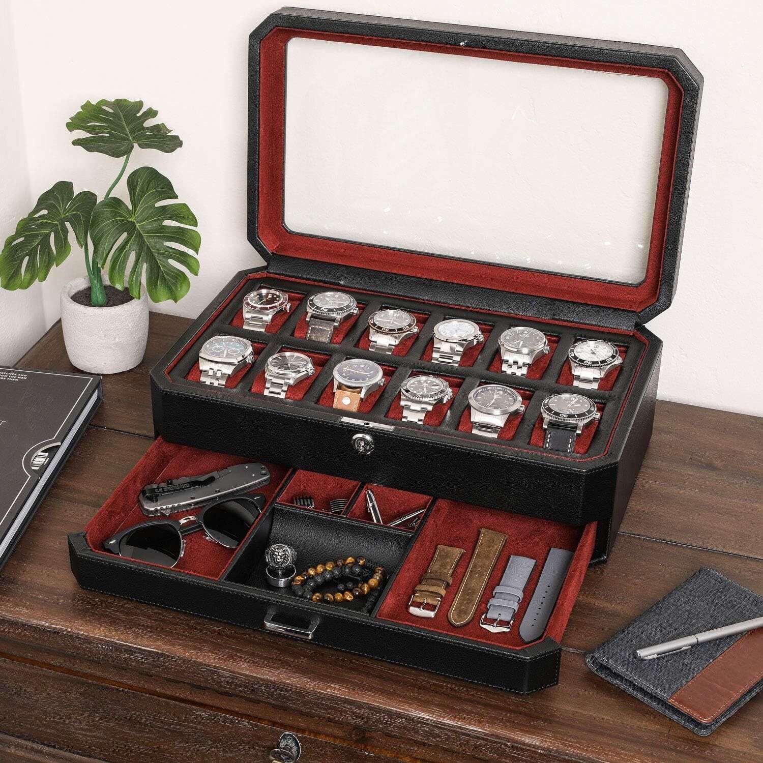 ROTHWELL 12 Slot Leather Watch Box with Valet Drawer - 12 Black/Red 