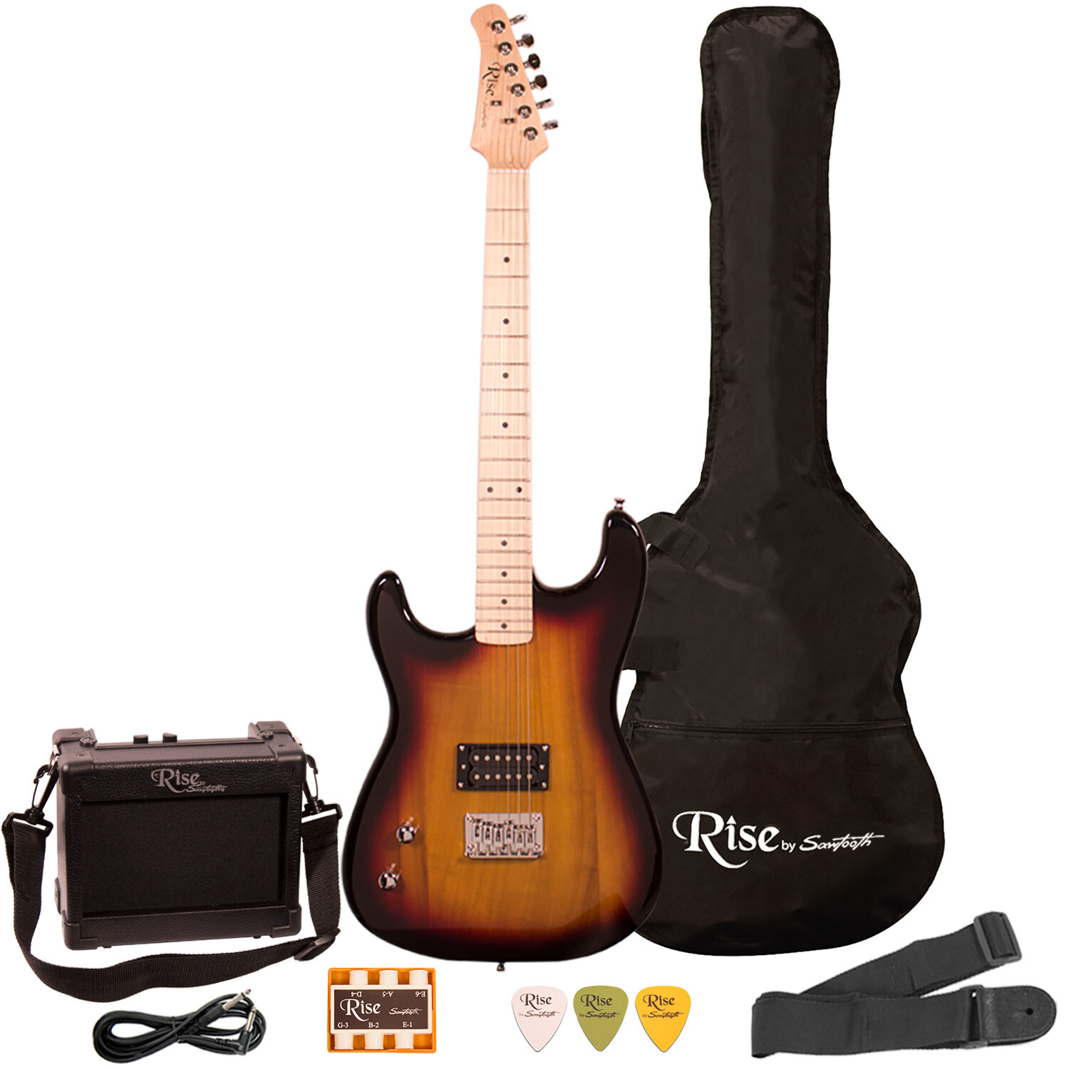 Model:Left Handed Full Size Guitar, Sunburst:Rise by Sawtooth Beginner Electric Guitar Kit with Amp & Accessories