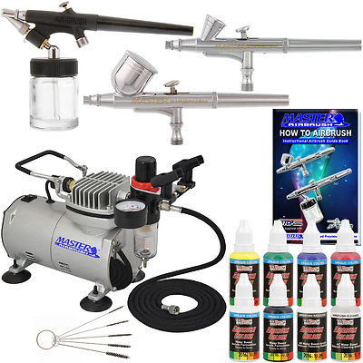 New 3 Airbrush Kit 6 Primary Colors Air Compressor Dual-Action Hobby Set