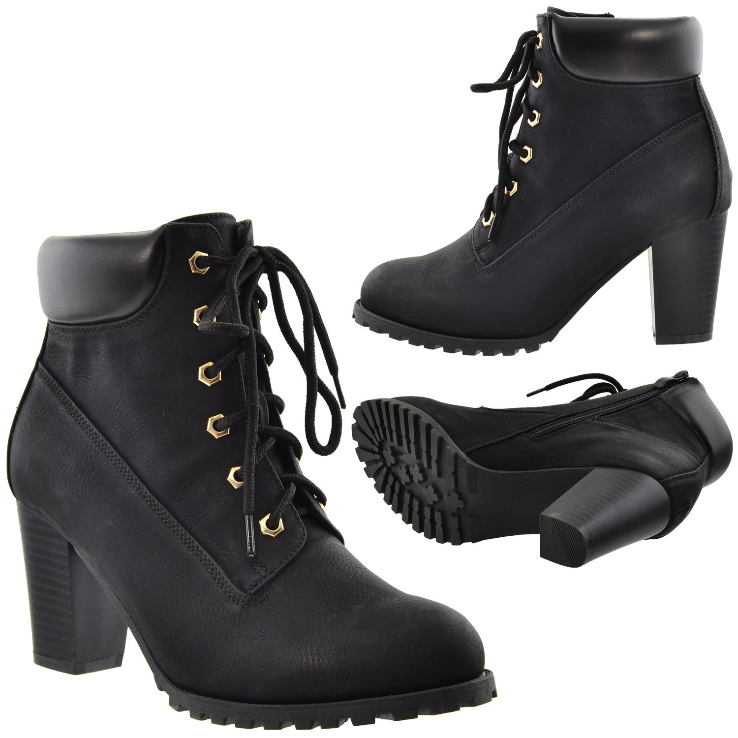 Women's Ankle Boots Lace Up Booties Chunky Stacked High Heel Rugged Padded Shoes | eBay