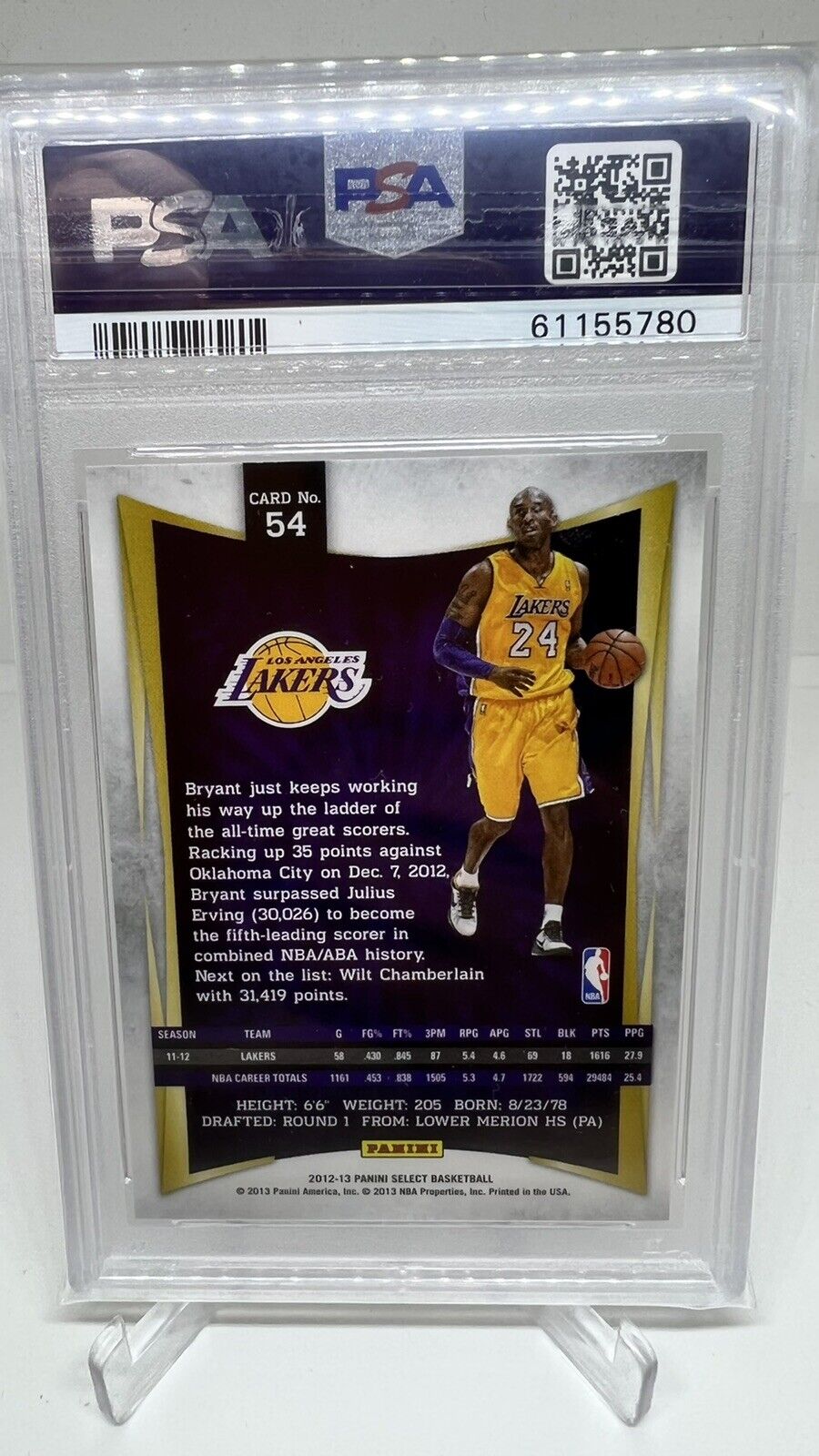 2012 Panini Select #54 Kobe Bryant Los Angeles Lakers HOF PSA 9 MINT