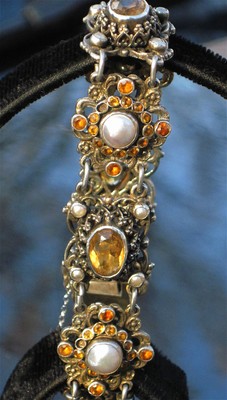 HUNGARIAN ANTIQUE GENUINE CITRINE & PEARL TESTED SILVER BRACELET SMALL WRIST6.5