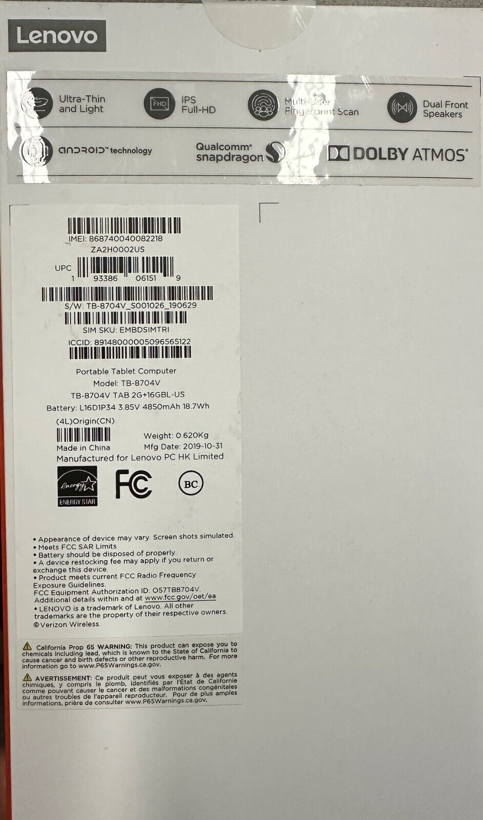 Lenovo Tab4 8 Plus LTE Slate Black 2GB 16GB TB-8704V WiFi ZA2H0000US-NEW IN BOX 