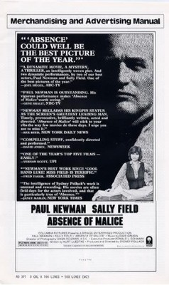 ABSENCE OF MALICE 1981 Paul Newman, Sally Field PRESSBOOK