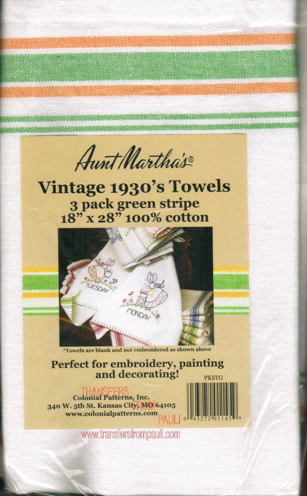 Aunt Martha's 100 Cotton 18"x 28" Green Striped Towels flour sack