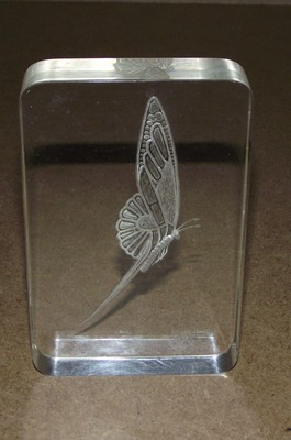 Acrylic crystal clear etched signed M Moffett 86 paperweight moth butterfly