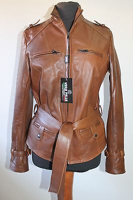 Pre-owned Handmade Italian  Women Leather Slim Fit Belted Jacket Brown Distressed M