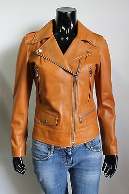 Pre-owned Handmade Italian  Women Lambskin Leather Moto Biker Jacket Slim Fit Tan L In Brown