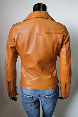 Pre-owned Handmade Italian  Women Lambskin Leather Moto Biker Jacket Slim Fit Tan L In Brown