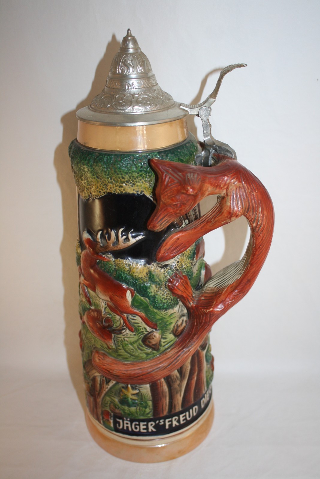 SET 3 ORIGINAL KING LIDDED BEER STEINS GERMANY "JAGER FREUD DIE GRUNE HEID"