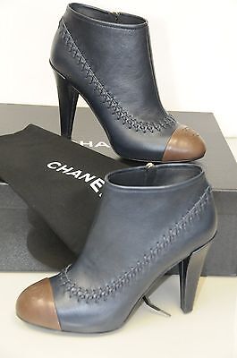 Pre-owned Chanel $1325  Navy Blue Brown Stitch Cc Ankle Platform Boots Booties Shoes 37 In Red