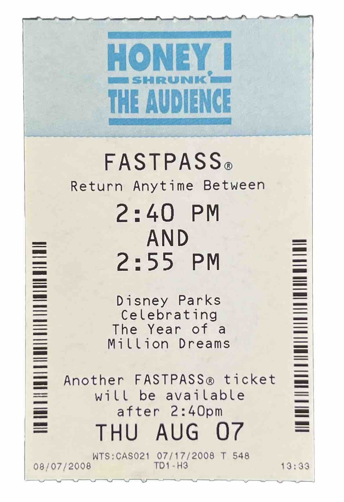 Rare 2008 Disney World Epcot Honey I Shrunk The Audience Paper FastPass