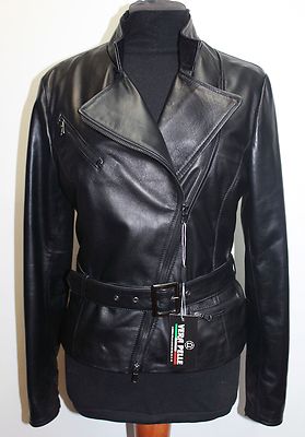 Pre-owned Handmade Italian  Women Lambskin Leather Chiodo Biker Jacket Slim Fit Black S