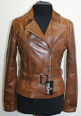 Pre-owned Handmade Italian  Women Leather Biker Jacket Slim Fit Brown Distressed Xl In Cuoio Brown