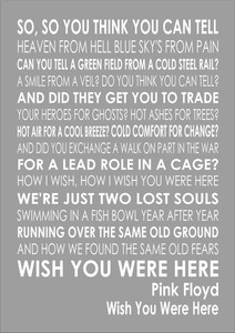 Pink Floyd - Wish You Were Here - Lyrics Lyric Word Wall Art Typography