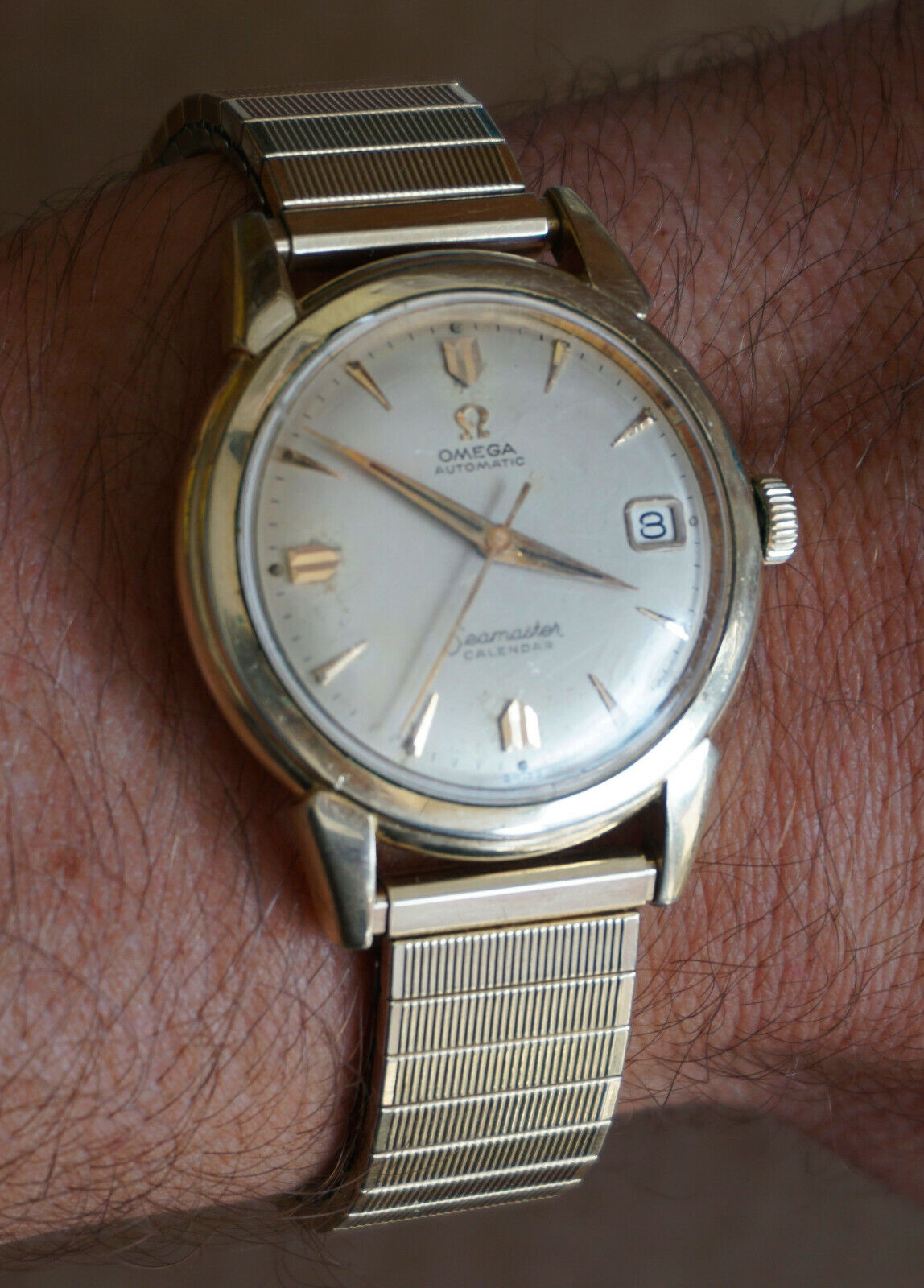 Vintage Omega Automatic Seamaster Calendar 14k GF Wristwatch Watch Spiedel Band